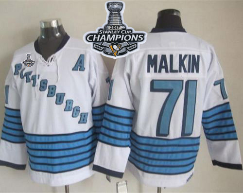 Penguins #71 Evgeni Malkin White/Light Blue CCM Throwback Stanley Cup Finals Champions Stitched NHL Jersey - Click Image to Close